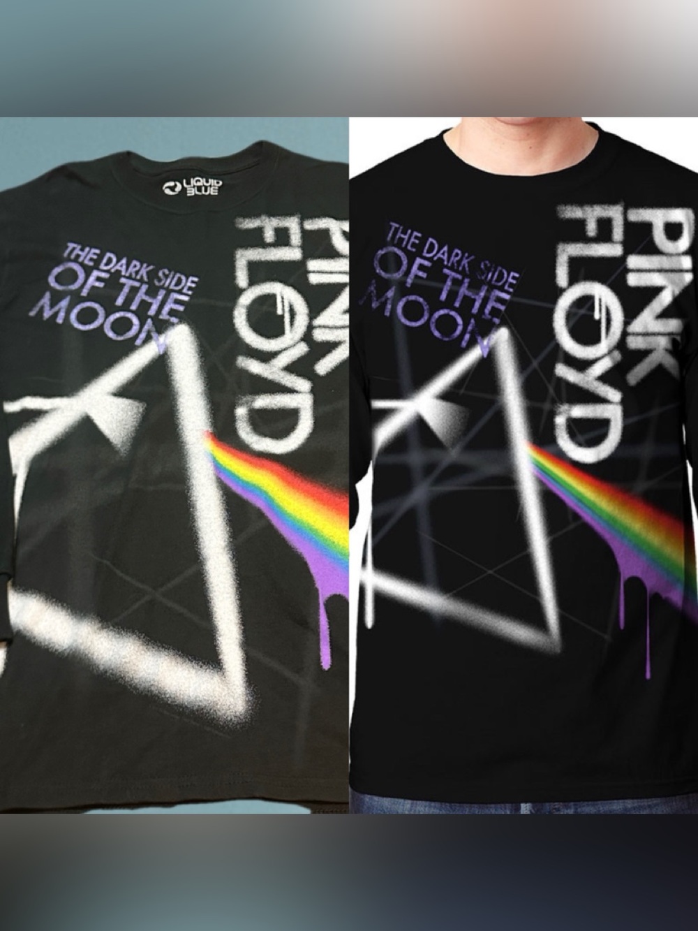 PINK FLOYD Liquid Blue  Black Tee with Rainbow Prism Pink Text M